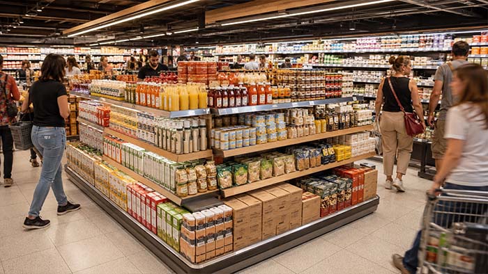 Apunto - Blog - GPV - Sector Gran consumo - Genera una imagen horizontal, sin texto e hiperrealista. Tiene que representar un pdv con mucha gente alrededor, con todo el producto en perfecto estado. Sector gran consumo