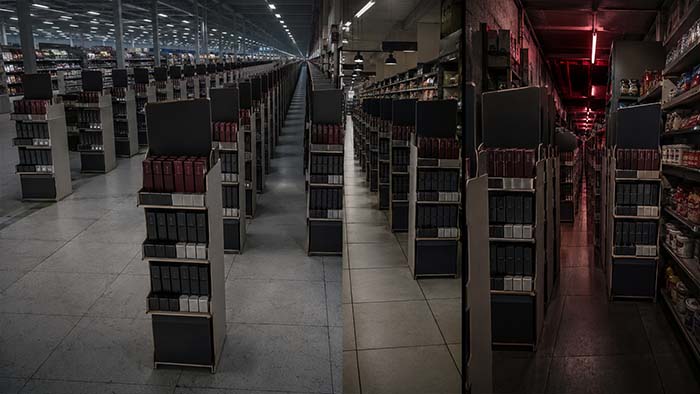 Expositor de PLV sobredimensionado que bloquea el paso en una pequeña tienda de proximidad, mientras otras unidades idénticas permanecen embaladas y arrinconadas por falta de espacio.