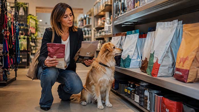 Propietaria comparando alimentos para mascotas junto a su perro en el punto de venta.