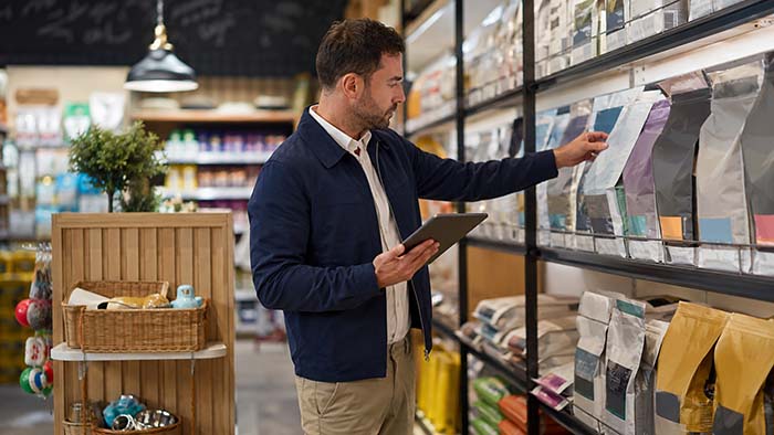 Comprador observando un espacio vacío por falta de producto en el lineal de alimentación para mascotas.