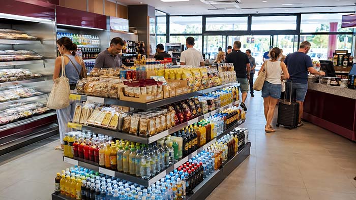 Expositor abastecido durante un pico de demanda en una tienda de conveniencia