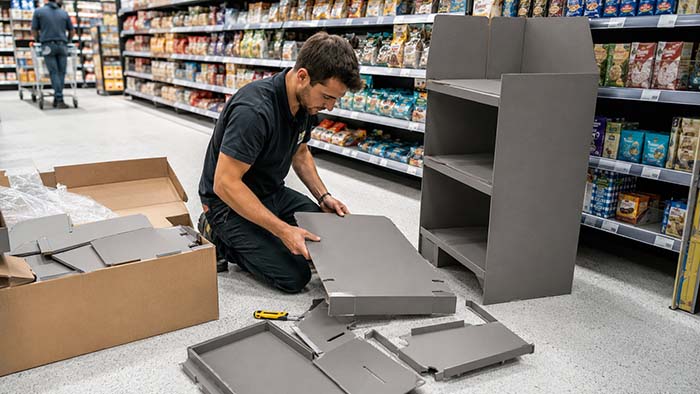 Trabajador montando un expositor de PLV en un supermercado, rodeado de piezas, embalajes y herramientas durante la implantación en tienda.