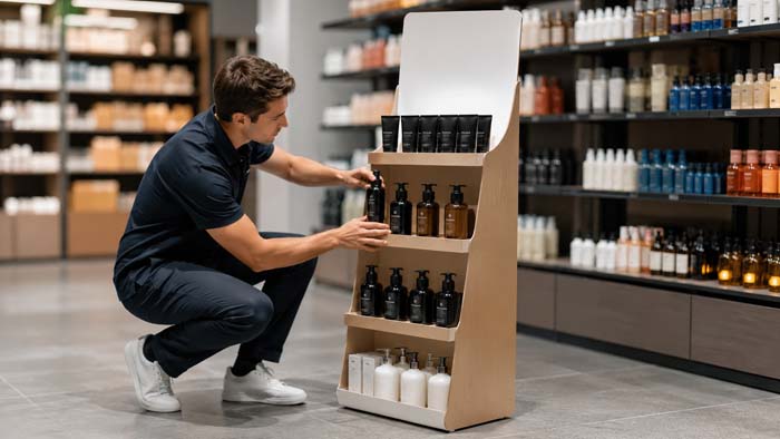 Profesional de retail ajustando productos en un expositor de PLV ya instalado dentro de una tienda de cosmética y cuidado personal.