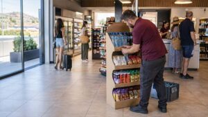Empleado reponiendo bebidas y snacks en un expositor de una tienda de conveniencia durante el verano.