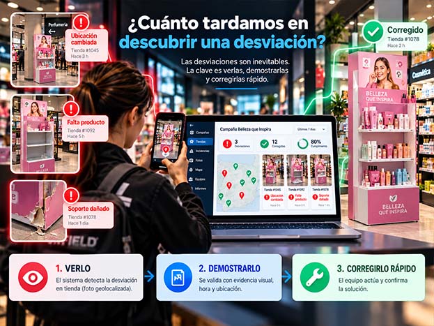 Imagen tipo infografía en un entorno de tienda que muestra a una profesional de campo fotografiando una incidencia en un expositor promocional, mientras una plataforma central identifica desviaciones como cambio de ubicación, falta de producto o soporte dañado y permite validar y corregir rápidamente la ejecución.