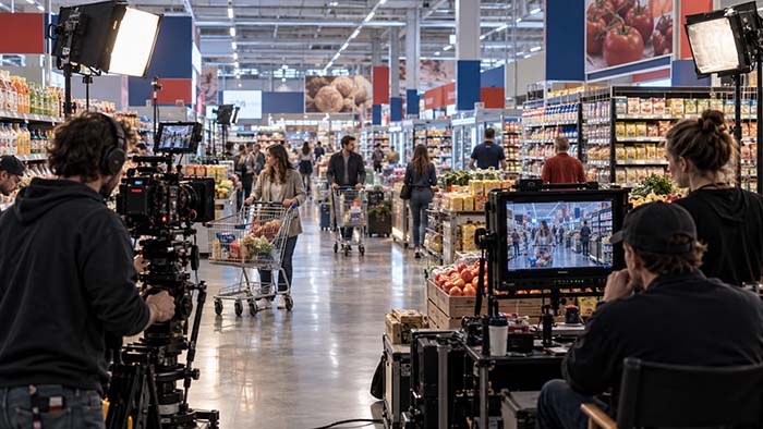 Rodaje audiovisual en el interior de un hipermercado, con cámaras, equipo de producción y compradores entre los lineales.
