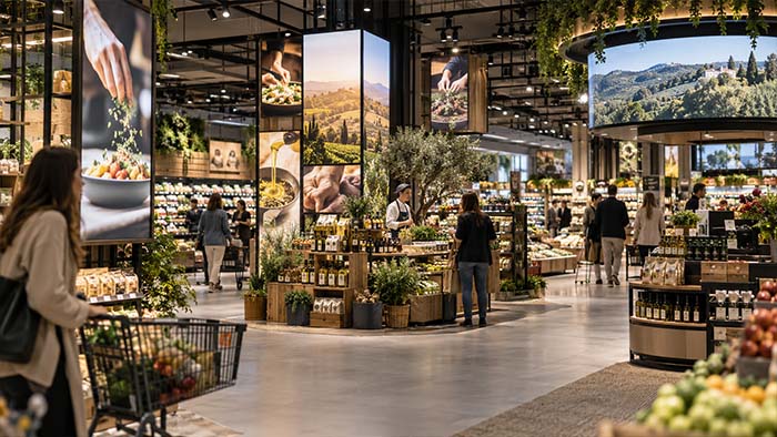 Hipermercado moderno con pantallas, espacios promocionales y distintos soportes de retail media integrados en la experiencia de compra.