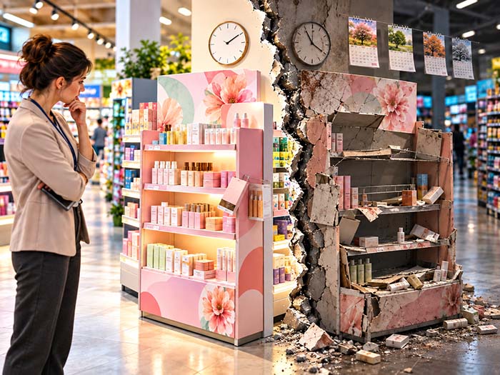 Expositor promocional dividido en dos realidades dentro de una tienda: a la izquierda, correctamente implantado y cuidado; a la derecha, deteriorado tras semanas sin corregir incidencias. Una gran grieta central representa La Brecha entre lo planificado y lo que realmente ve el shopper.