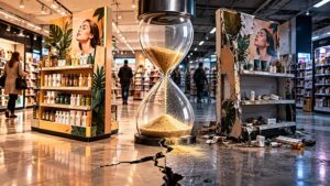 Expositor promocional dividido en dos estados dentro de una tienda: a la izquierda, correctamente implantado y en perfecto estado; a la derecha, deteriorado y con incidencias. Un gran reloj de arena y una grieta central simbolizan cómo el paso del tiempo amplía La Brecha entre la ejecución planificada y la realidad en tienda.