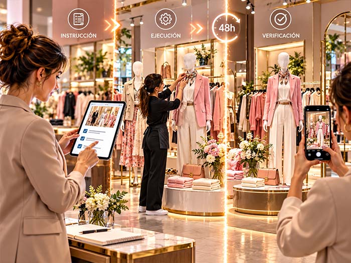 Escena en una tienda de moda que representa el proceso de visual merchandising desde el envío de instrucciones hasta la ejecución y verificación mediante fotografía, reduciendo el tiempo entre una incidencia y su comprobación en tienda.