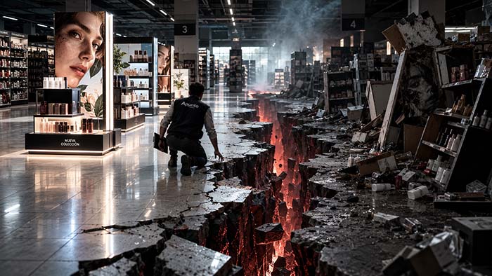 Profesional de Apunto observa una gran grieta que separa una implantación de PLV impecable de una zona comercial deteriorada en un supermercado