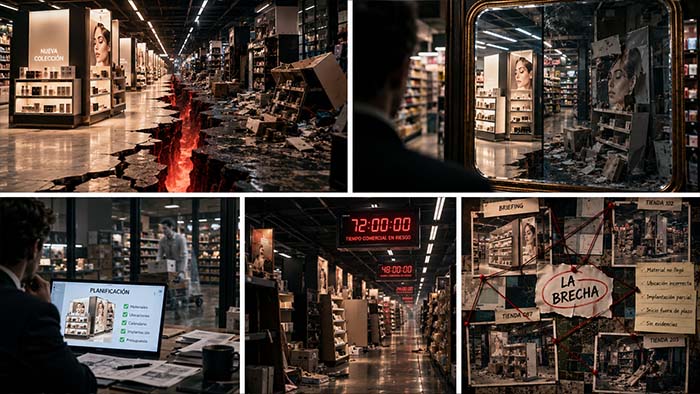 Composición de escenas que muestran una grieta entre campañas planificadas y ejecutadas, un expositor reflejado en un espejo, controles de implantación, retrasos y una investigación de incidencias en tienda.