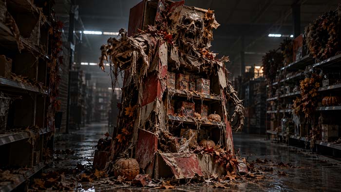 Expositor promocional deteriorado con aspecto de zombi en un pasillo de tienda, representando una campaña caducada que sigue ocupando espacio en el punto de venta.