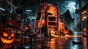 Supermercado abandonado y terrorífico, con un expositor PLV cubierto de telarañas, calabazas de Halloween y un fantasma al fondo, simbolizando los errores de implantación y ejecución de campañas en el punto de venta.