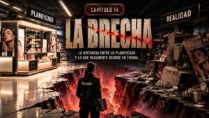 Portada del capítulo 14 del Museo de los Horrores del PDV. Una enorme grieta divide un supermercado entre una campaña de PLV perfectamente planificada y una ejecución comercial deteriorada, simbolizando La Brecha entre planificación y realidad en tienda.