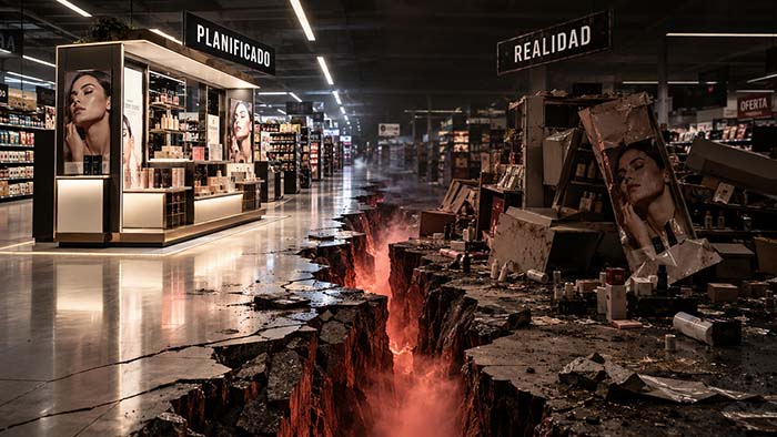 Una enorme grieta divide un supermercado entre una campaña de PLV perfectamente planificada y una implantación comercial deteriorada, representando La Brecha en el punto de venta.