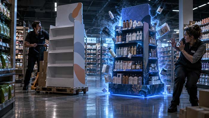 Expositor publicitario rodeado de energía sobrenatural azul en un supermercado, mientras un operario intenta instalar otro PLV en el mismo espacio comercial.