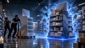 Equipo de implantación de PLV sorprendido al encontrar ocupado el espacio promocional reservado en un supermercado, mientras un expositor rodeado de energía sobrenatural impide el montaje de la campaña.